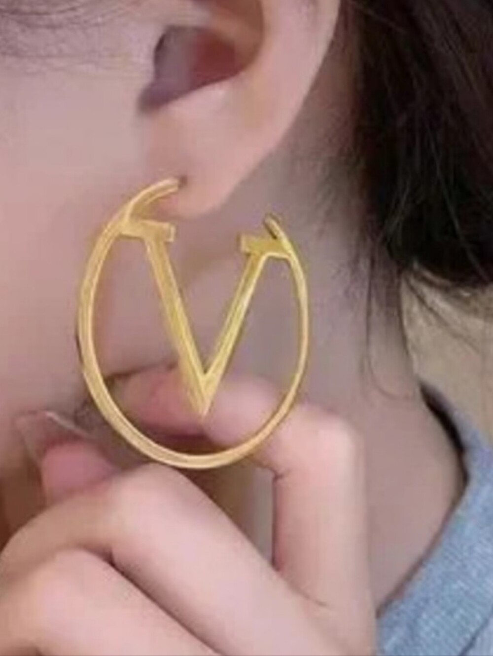 Gold V Monogram Hoop Earrings - Women Jewelry